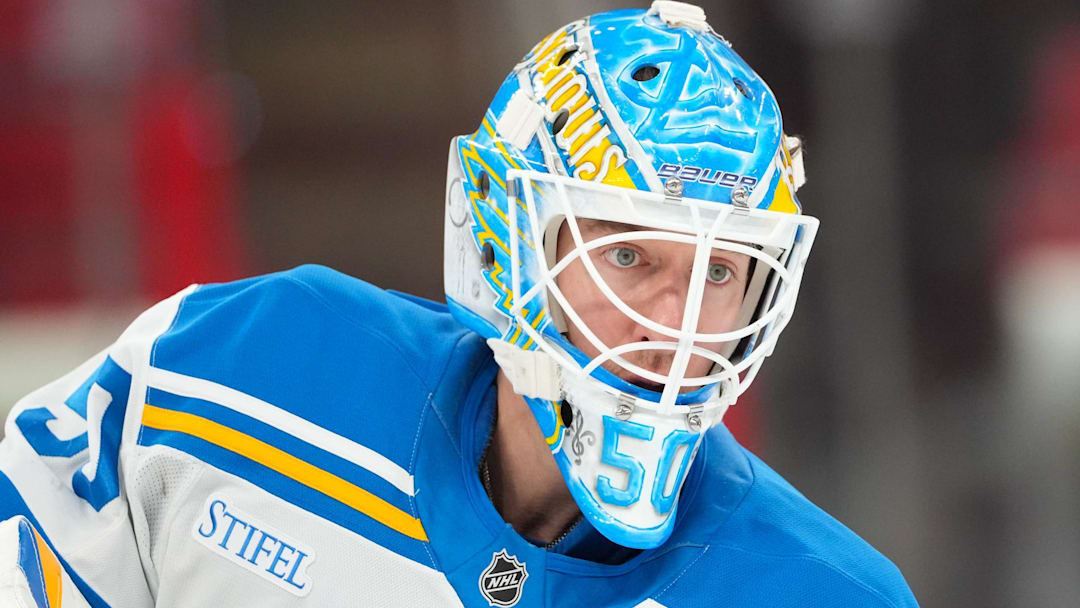 Mar 12, 2026; Raleigh, North Carolina, USA;  St. Louis Blues goaltender Jordan Binnington (50) looks on during the warmups before the game against the Carolina Hurricanes at Lenovo Center. Mandatory Credit: James Guillory-Imagn Images