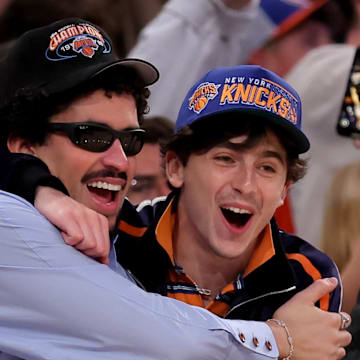 Chalamet celebrates with Bad Bunny during the fourth quarter of game six between the New York Knicks and the Boston Celtics at Madison Square Garden.