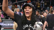Oct 18, 2023; Brooklyn, New York, USA; Las Vegas Aces forward A'ja Wilson (22) celebrates after winning the WNBA title.