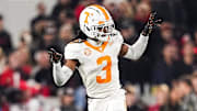 Tennessee defensive back Jermod McCoy celebrates after making a play during a game against Georgia at Sanford Stadium
