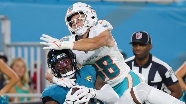 Miami Dolphins cornerback Ethan Bonner (38) defends a pass against the Jacksonville Jaguars at EverBank Stadium during the 2023 preseason.