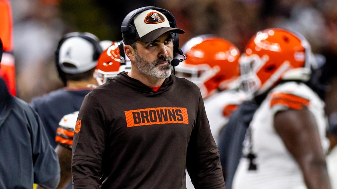 Nov 17, 2024; New Orleans, Louisiana, USA;  Cleveland Browns head coach Kevin Stefanski looks on against the New Orleans Saints during the first half at Caesars Superdome.
