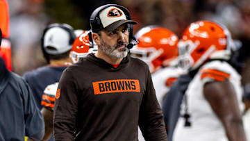 Nov 17, 2024; New Orleans, Louisiana, USA;  Cleveland Browns head coach Kevin Stefanski looks on against the New Orleans Saints during the first half at Caesars Superdome.
