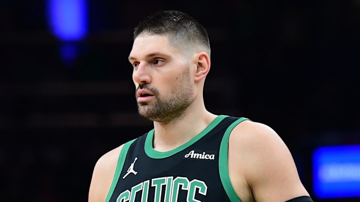 Feb 6, 2026; Boston, Massachusetts, USA;  Boston Celtics center Nikola Vucevic enters the game during the first half against the Miami Heat at TD Garden. Mandatory Credit: Bob DeChiara-Imagn Images