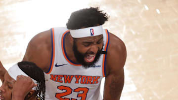 May 29, 2025; New York, New York, USA; Indiana Pacers center Myles Turner (33) and New York Knicks center Mitchell Robinson (23) react in the third quarter during game five of the eastern conference finals for the 2025 NBA Playoffs at Madison Square Garden. Mandatory Credit: Brad Penner-Imagn Images