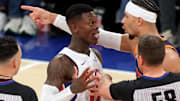 Apr 21, 2025; New York, New York, USA; Detroit Pistons guard Dennis Schroder (17) and New York Knicks guard Josh Hart (3) are separated by referees Ray Acosta (54) and Josh Tiven (58) during the fourth quarter of game two of the first round of the 2024 NBA Playoffs at Madison Square Garden. Mandatory Credit: Brad Penner-Imagn Images