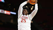 Nov 4, 2024; College Park, Maryland, USA; Maryland Terrapins center Derik Queen (25) grabs a rebound during the first half against the Manhattan Jaspers at Xfinity Center. Mandatory Credit: Daniel Kucin Jr.-Imagn Images