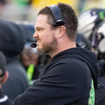 Oregon head coach Dan Lanning looks on as the Oregon Ducks host the Wisconsin Badgers on Oct. 25, 2025, at Autzen Stadium in Eugene, Oregon.