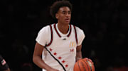 Apr 1, 2025; Brooklyn, NY, USA; McDonald's All American West guard Alijah Arenas (16) dribbles the ball during the first half of the game McDonald's All American East at Barclays Center. Mandatory Credit: Pamela Smith-Imagn Images