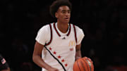 Apr 1, 2025; Brooklyn, NY, USA; McDonald's All American West guard Alijah Arenas (16) dribbles the ball during the first half of the game McDonald's All American East at Barclays Center. 