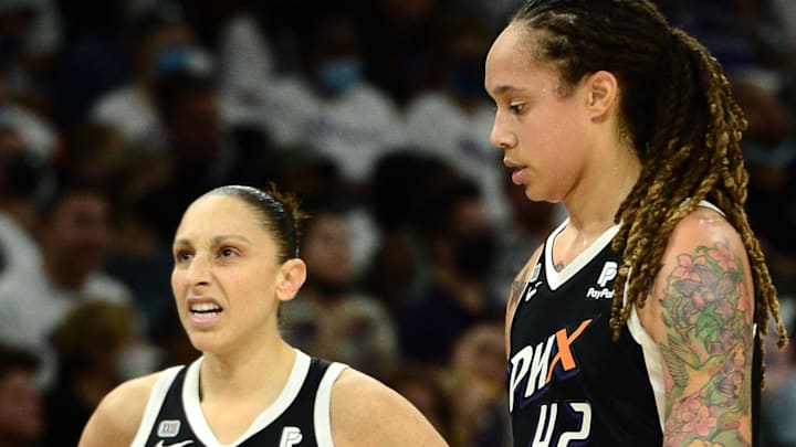 Oct 10, 2021; Phoenix, Arizona, USA; Phoenix Mercury guard Diana Taurasi (3) and Phoenix Mercury center Brittney Griner (42) look on against the Chicago Sky during the second half of game one of the 2021 WNBA Finals at Footprint Center. Mandatory Credit: Joe Camporeale-Imagn Images Oct 10, 2021; Phoenix, Arizona, USA; Phoenix Mercury guard Diana Taurasi (3) and Phoenix Mercury center Brittney Griner (42) look on against the Chicago Sky during the second half of game one of the 2021 WNBA Finals at Footprint Center. Mandatory Credit: Joe Camporeale-Imagn Images