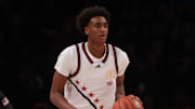 Apr 1, 2025; Brooklyn, NY, USA; McDonald's All American West guard Alijah Arenas (16) dribbles the ball during the first half of the game McDonald's All American East at Barclays Center. Mandatory Credit: Pamela Smith-Imagn Images