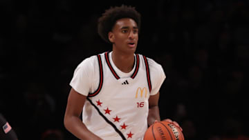 Apr 1, 2025; Brooklyn, NY, USA; McDonald's All American West guard Alijah Arenas (16) dribbles the ball during the first half of the game McDonald's All American East at Barclays Center. Mandatory Credit: Pamela Smith-Imagn Images