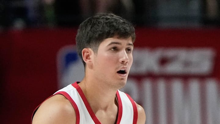 Jul 12, 2024; Las Vegas, NV, USA; Houston Rockets guard Reed Sheppard (15) dribbles the ball against the Los Angeles Lakers during the first half at Thomas & Mack Center. Mandatory Credit: Lucas Peltier-Imagn Images