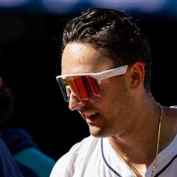 Seattle Mariners right fielder Dominic Canzone celebrates after hitting a walk-off single against the Chicago White Sox on Aug. 7 at T-Mobile Park.