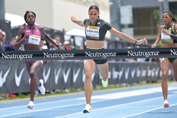 U.S. runner Sydney McLaughlin-Levrone crosses the finish line in the 400m hurdles. 