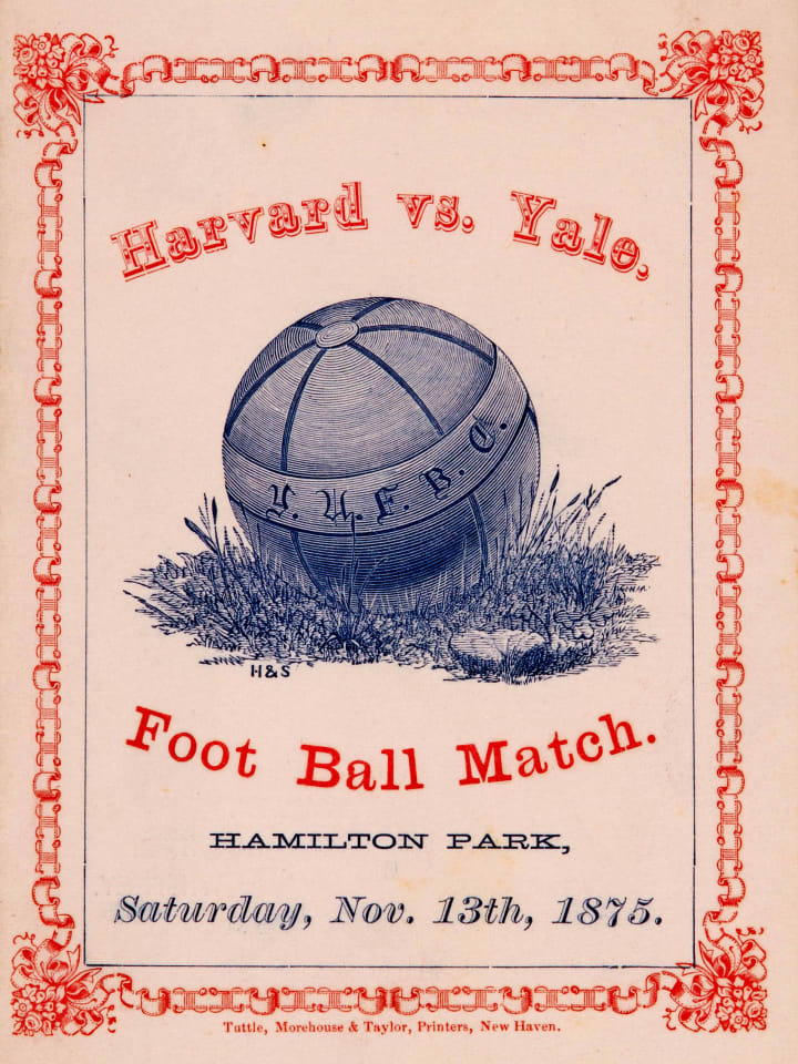 An 1875 Harvard vs. Yale football flyer with the game details, red trim, and an illustrated football on grass in the center