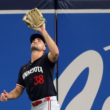 Sep 4, 2024; St. Petersburg, Florida, USA;  Minnesota Twins outfielder Matt Wallner (38) catches a fly ball against the Tampa Bay Rays during the third inning at Tropicana Field.