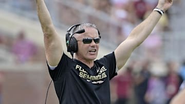 Oct 11, 2025; Tallahassee, Florida, USA; Florida State Seminoles head coach Mike Norvell during the second half against the Pittsburgh Panthers at Doak S. Campbell Stadium. Mandatory Credit: Melina Myers-Imagn Images