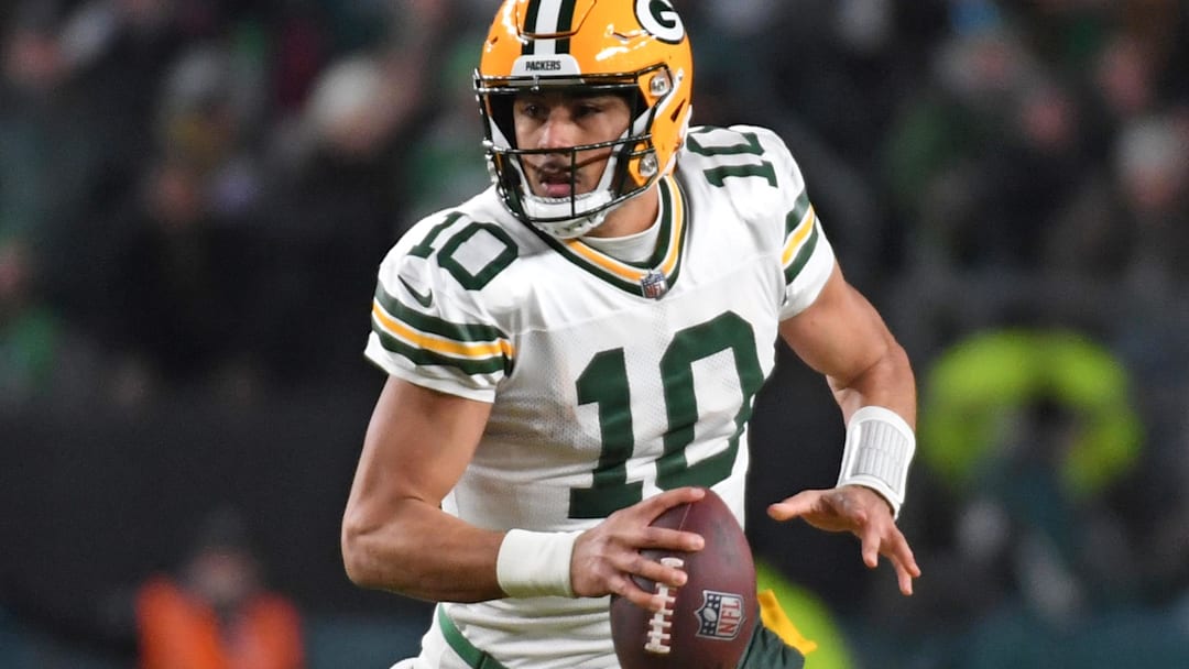 Jan 12, 2025; Philadelphia, Pennsylvania, USA; Green Bay Packers quarterback Jordan Love (10) against the Philadelphia Eagles in an NFC wild card game at Lincoln Financial Field. Mandatory Credit: Eric Hartline-Imagn Images