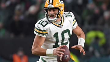 Jan 12, 2025; Philadelphia, Pennsylvania, USA; Green Bay Packers quarterback Jordan Love (10) against the Philadelphia Eagles in an NFC wild card game at Lincoln Financial Field. Mandatory Credit: Eric Hartline-Imagn Images