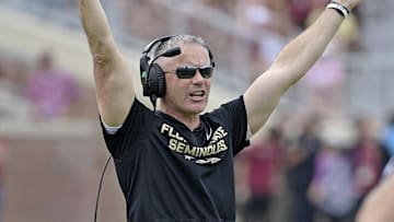 Oct 11, 2025; Tallahassee, Florida, USA; Florida State Seminoles head coach Mike Norvell during the second half against the Pittsburgh Panthers at Doak S. Campbell Stadium. Mandatory Credit: Melina Myers-Imagn Images