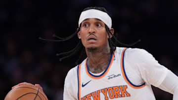 Oct 17, 2025; New York, New York, USA; New York Knicks guard Jordan Clarkson (00) dribbles up court during the second half against the Charlotte Hornets at Madison Square Garden.