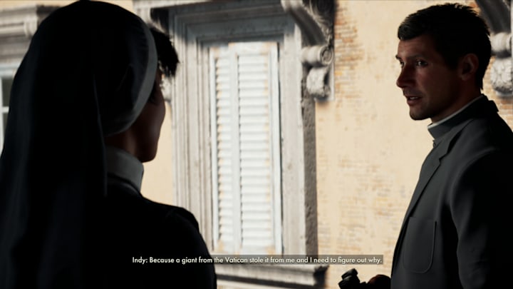 Indiana Jones in a priest's disguise talking to a nun in Great Circle.