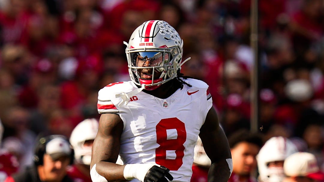 Ohio State Buckeyes linebacker Arvell Reese (8) reacts during the game against the Wisconsin Badgers at Camp Randall Stadium on Saturday, Oct. 18, 2025 in Madison, Wisconsin.