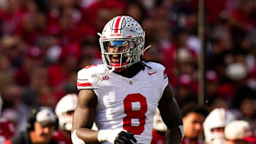 Ohio State Buckeyes linebacker Arvell Reese (8) reacts during the game against the Wisconsin Badgers at Camp Randall Stadium on Saturday, Oct. 18, 2025 in Madison, Wisconsin.