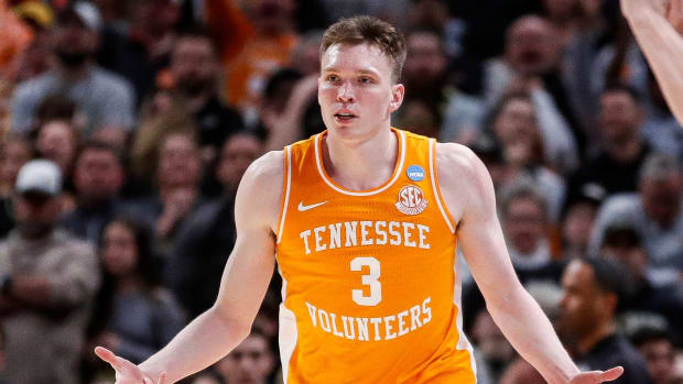 Tennessee guard Dalton Knecht (3) celebrates a three point basket against Purdue during the first half of the NCAA tournament Midwest Regional Elite 8 round at Little Caesars Arena in Detroit on Sunday, March 31, 2024.