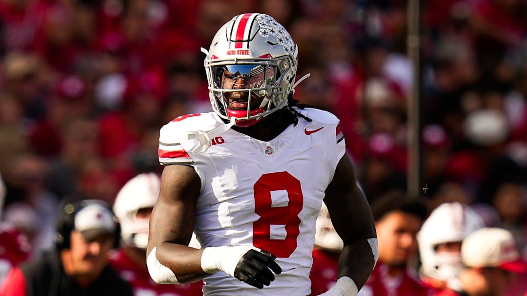 Ohio State Buckeyes linebacker Arvell Reese (8) reacts during the game against the Wisconsin Badgers at Camp Randall Stadium on Saturday, Oct. 18, 2025 in Madison, Wisconsin.