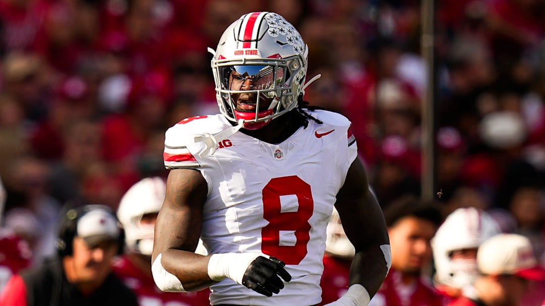 Ohio State Buckeyes linebacker Arvell Reese (8) reacts during the game against the Wisconsin Badgers at Camp Randall Stadium on Saturday, Oct. 18, 2025 in Madison, Wisconsin.