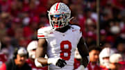 Ohio State Buckeyes linebacker Arvell Reese (8) reacts during the game against the Wisconsin Badgers at Camp Randall Stadium on Saturday, Oct. 18, 2025 in Madison, Wisconsin.