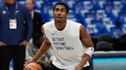 Apr 12, 2024; Dallas, Texas, USA; Detroit Pistons guard Jaden Ivey (23) warms up before the game against the Dallas Mavericks at American Airlines Center. Mandatory Credit: Chris Jones-Imagn Images