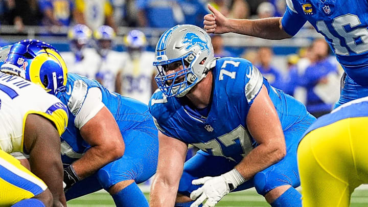 Detroit Lions quarterback Jared Goff (16) calls for a snap from center Frank Ragnow against tne Los Angeles Rams during the first half at Ford Field in Detroit.