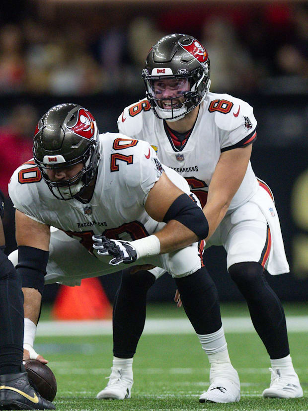 Tampa Bay Buccaneers quarterback Baker Mayfield and center Robert Hainsey Tampa Bay Buccaneers quarterback Baker Mayfield and center Robert Hainsey