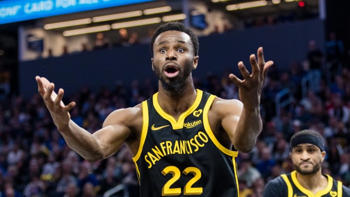 Feb 10, 2024; San Francisco, California, USA; Golden State Warriors forward Andrew Wiggins (22) reacts after he is called for a foul against the Phoenix Suns during the second half at Chase Center. Mandatory Credit: John Hefti-USA TODAY Sports