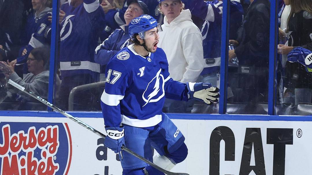 Apr 29, 2026; Tampa, Florida, USA; Tampa Bay Lightning center Dominic James (17) reacts after scoring a goal against the Montreal Canadiens in the second period during game five of the first round of the 2026 Stanley Cup Playoffs at Benchmark International Arena. Mandatory Credit: Nathan Ray Seebeck-Imagn Images Apr 29, 2026; Tampa, Florida, USA; Tampa Bay Lightning center Dominic James (17) reacts after scoring a goal against the Montreal Canadiens in the second period during game five of the first round of the 2026 Stanley Cup Playoffs at Benchmark International Arena. Mandatory Credit: Nathan Ray Seebeck-Imagn Images