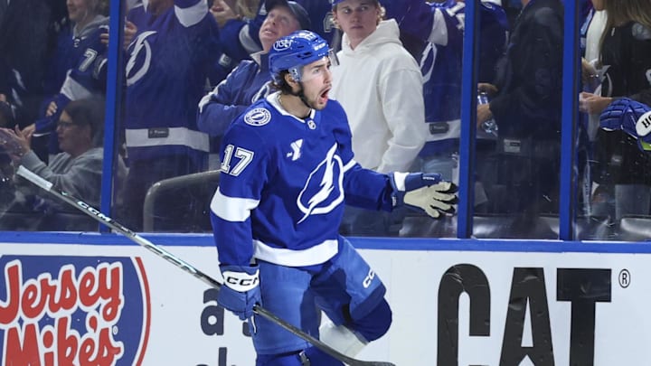 Apr 29, 2026; Tampa, Florida, USA; Tampa Bay Lightning center Dominic James (17) reacts after scoring a goal against the Montreal Canadiens in the second period during game five of the first round of the 2026 Stanley Cup Playoffs at Benchmark International Arena. Mandatory Credit: Nathan Ray Seebeck-Imagn Images
