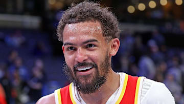 Trae Young #11 of the Atlanta Hawks reacts after facing the Memphis Grizzlies.