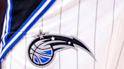 Apr 3, 2024; New Orleans, Louisiana, USA;  Detailed view of the Orlando Magic logo against the New Orleans Pelicans during the second half at Smoothie King Center. Mandatory Credit: Stephen Lew-Imagn Images