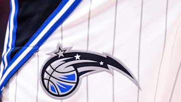 Apr 3, 2024; New Orleans, Louisiana, USA;  Detailed view of the Orlando Magic logo against the New Orleans Pelicans during the second half at Smoothie King Center. Mandatory Credit: Stephen Lew-Imagn Images