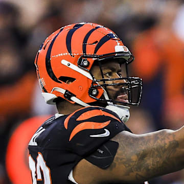 Dec 28, 2024; Cincinnati, Ohio, USA; Cincinnati Bengals defensive tackle B.J. Hill (92) reacts after a play against the Denver Broncos in the first half at Paycor Stadium. Mandatory Credit: Katie Stratman-Imagn Images