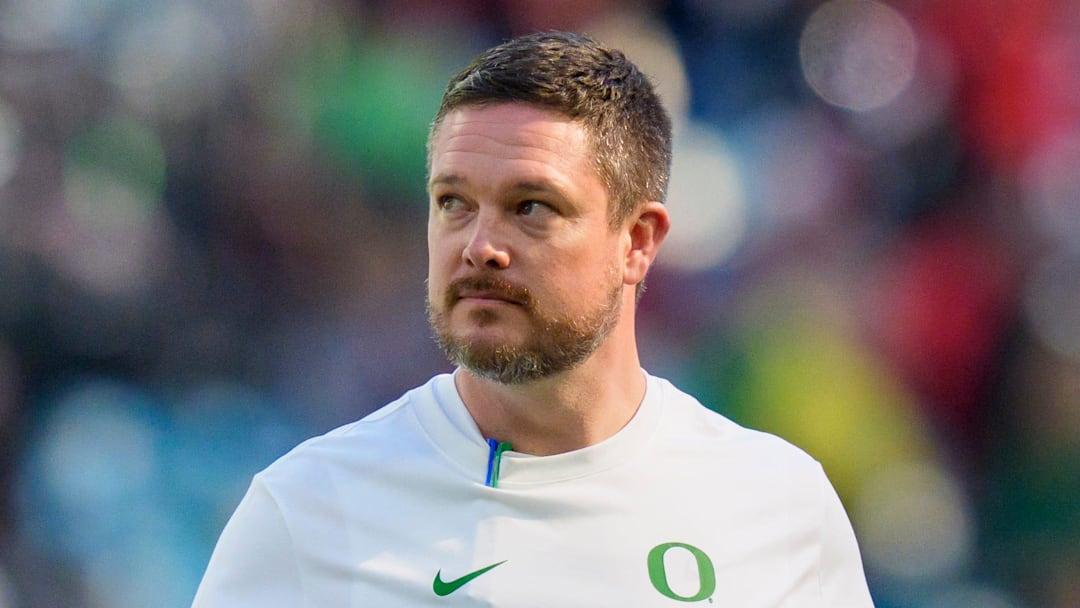 Oregon head coach Dan Lanning walks the field during warmups as the Oregon Ducks take on the Texas Tech Red Raiders in the Orange Bowl on Jan. 1, 2026, at Hard Rock Stadium in Miami, Florida.