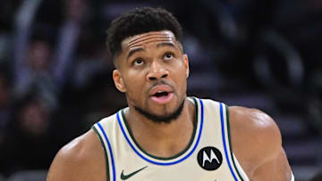 Milwaukee Bucks forward Giannis Antetokounmpo reacts after scoring his 21,000th career point.