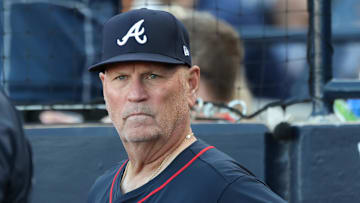 Apr 12, 2025; St. Petersburg, Florida, USA;  Atlanta Braves manager Brian Snitker (43) looks on during the seventh inning against the Tampa Bay Rays at George M. Steinbrenner Field. Mandatory Credit: Kim Klement Neitzel-Imagn Images