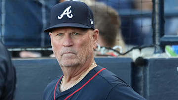Atlanta Braves manager Brian Snitker (43) looks on during the seventh inning against the Tampa Bay Rays at George M. Steinbrenner Field.