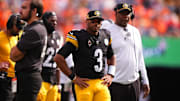 Sep 15, 2024; Denver, Colorado, USA; Pittsburgh Steelers quarterback Russell Wilson (3) during a injury time out in the second quarter against the Denver Broncos at Empower Field at Mile High. 