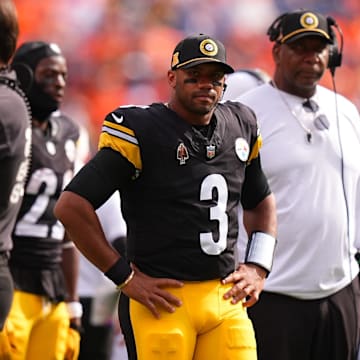 Sep 15, 2024; Denver, Colorado, USA; Pittsburgh Steelers quarterback Russell Wilson (3) during a injury time out in the second quarter against the Denver Broncos at Empower Field at Mile High. 